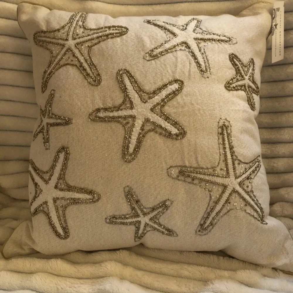 Bead Accent Toss Throw Pillow Starfish Sea Nautical Coastal Collection 18” Gold